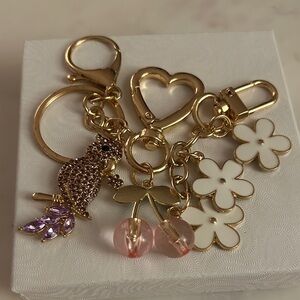 Gold and Pink Keychain with Heart and Flower Charms